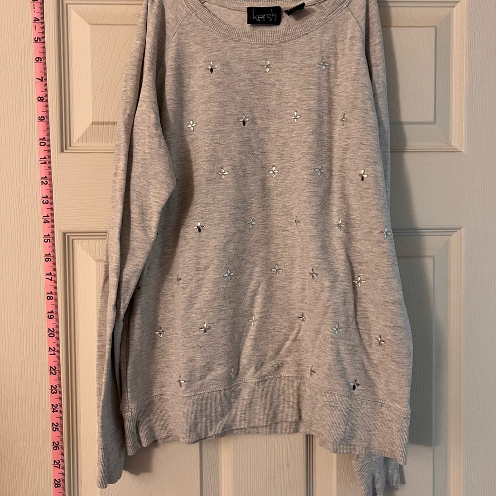 Kersh Light Heather Gray Embellished Crew Neck Sweater